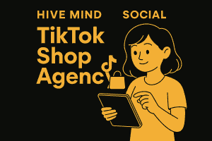 Digital illustration of a female character holding a tablet beside bold gold text “TikTok Shop Agency” with Hive Mind Social branding on a black background.