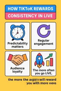 Infographic titled “How TikTok Rewards Consistency in LIVE.” It features four illustrated boxes: a clock for “Predictability matters,” a refresh symbol for “Regular engagement,” a handshake for “Audience loyalty,” and a rocket with an upward arrow for “The more often you go LIVE.” The footer text reads, “The more the algorithm will reward you with more views.”