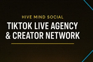 TikTok Live agency banner for Hive Mind Social with black honeycomb background and gold headline.